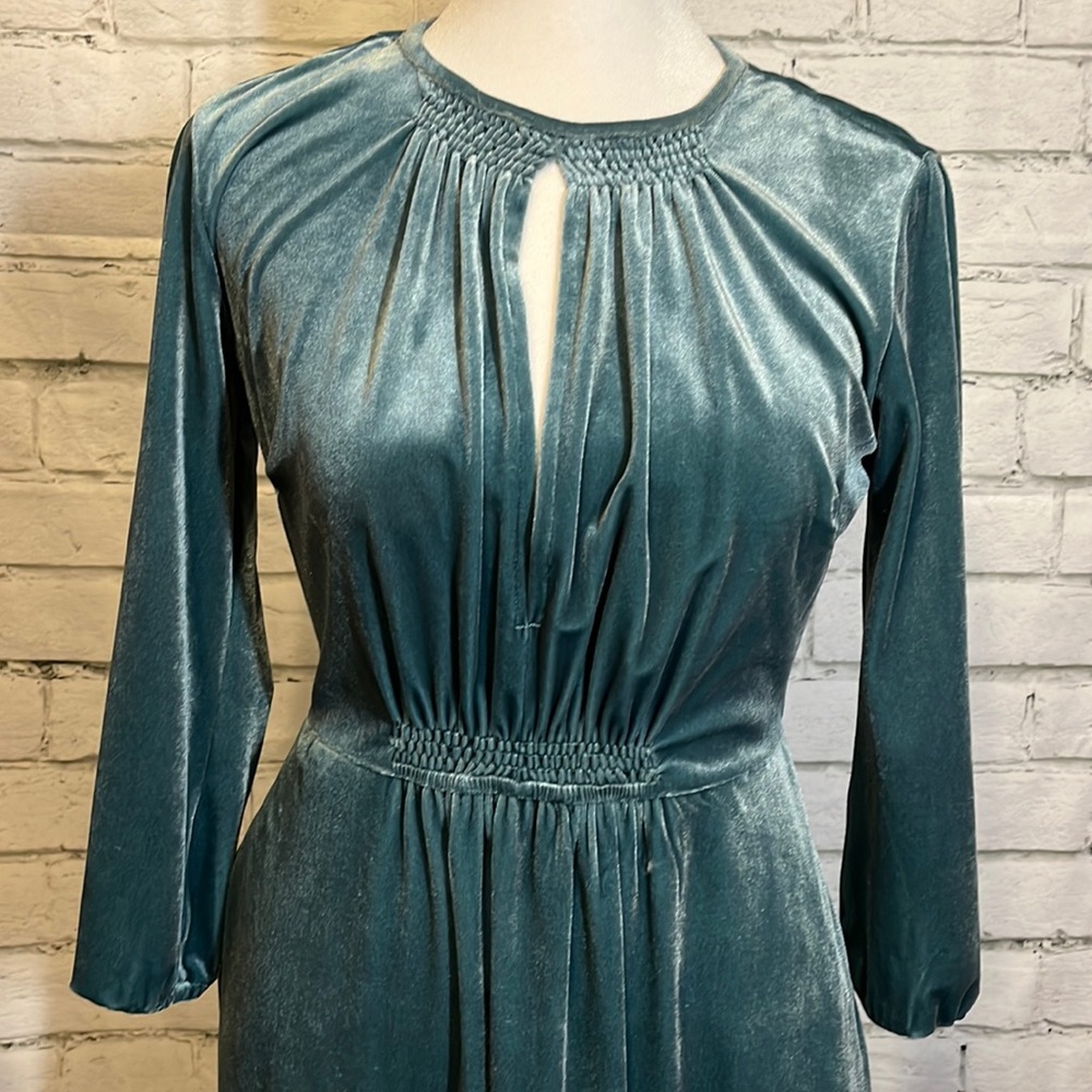 EShakti Teal Velvet Smocked Midi Dress
